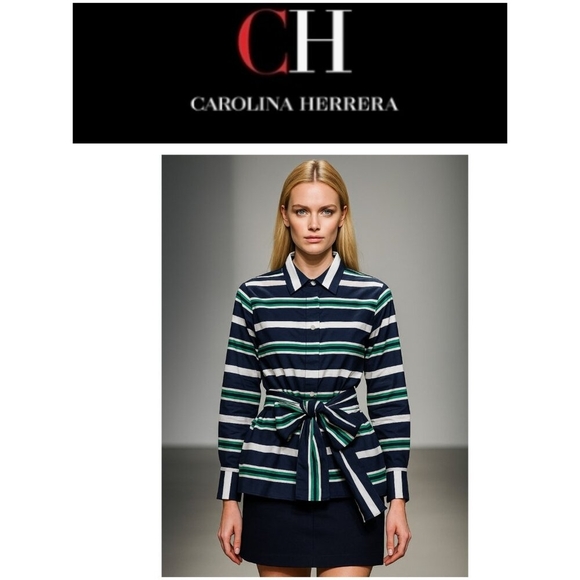 Carolina Herrera Striped Cotton Belted Shirt Dress Top 2 Multicolor Button Down - Picture 13 of 16